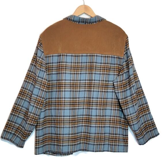 Norton McNaughton Plaid Shacket Shirt Blue Tan Faux Suede Shoulder 3X Cozy - Picture 7 of 13
